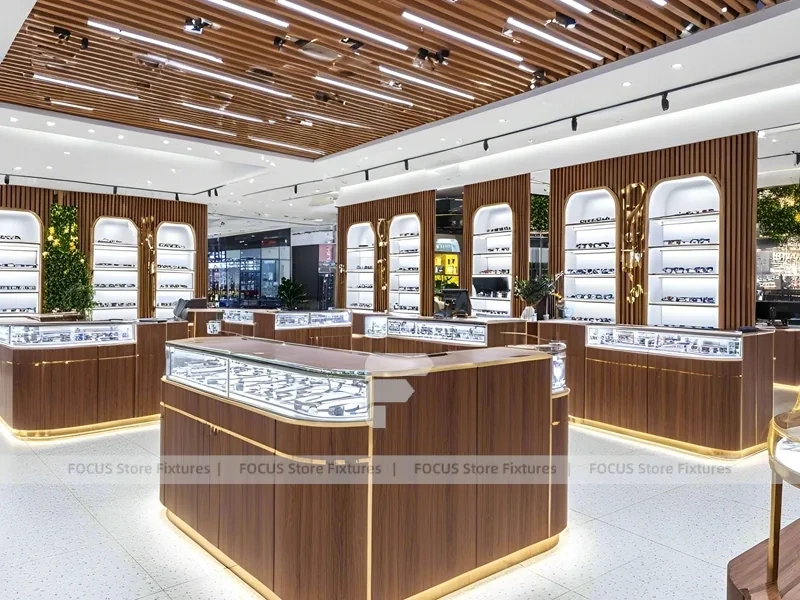 Premium Timber Eyewear Retail Gallery with Wide-Aisle Showcase Plan