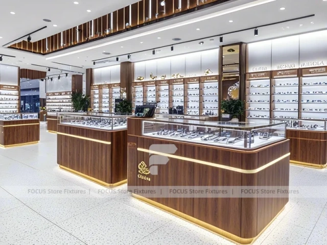 Premium Timber Eyewear Retail Gallery with Wide-Aisle Showcase Plan
