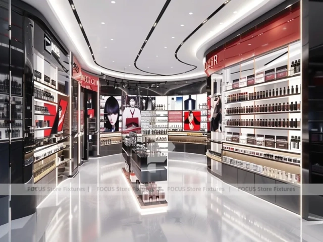 Red Black Perfume Aisle With Central Digital Column