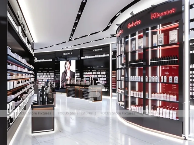 Red Black Perfume Aisle With Central Digital Column