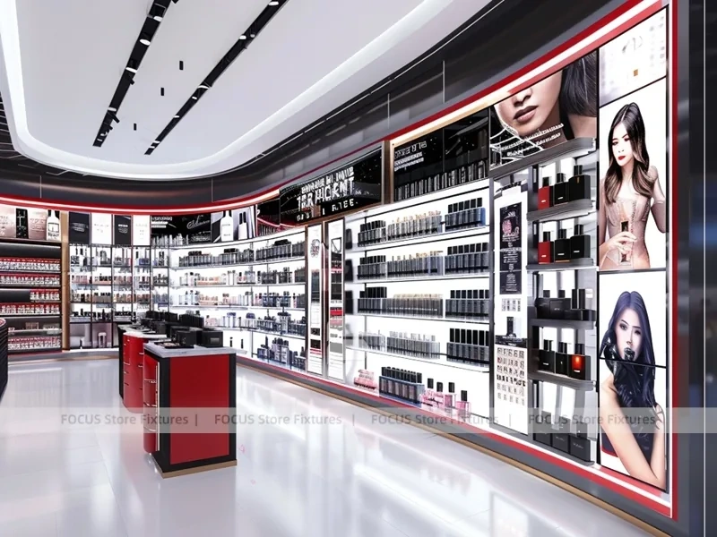 Red Black Perfume Aisle With Central Digital Column