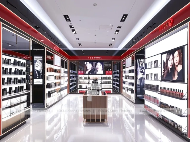 Red Black Perfume Aisle With Central Digital Column