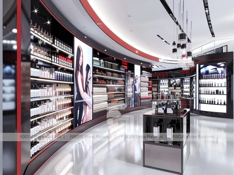 Red Black Perfume Aisle With Central Digital Column