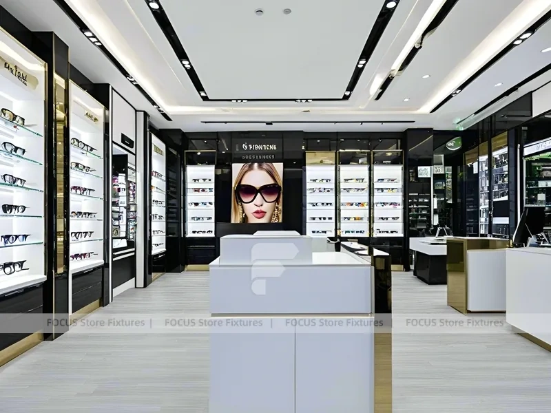 Refined White Optical Wall Display with Open Consultation Zone
