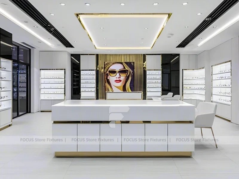 Refined White Optical Wall Display with Open Consultation Zone