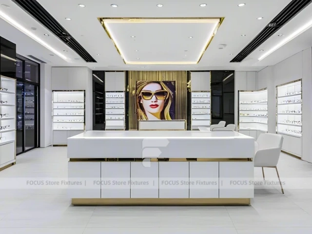 Refined White Optical Wall Display with Open Consultation Zone