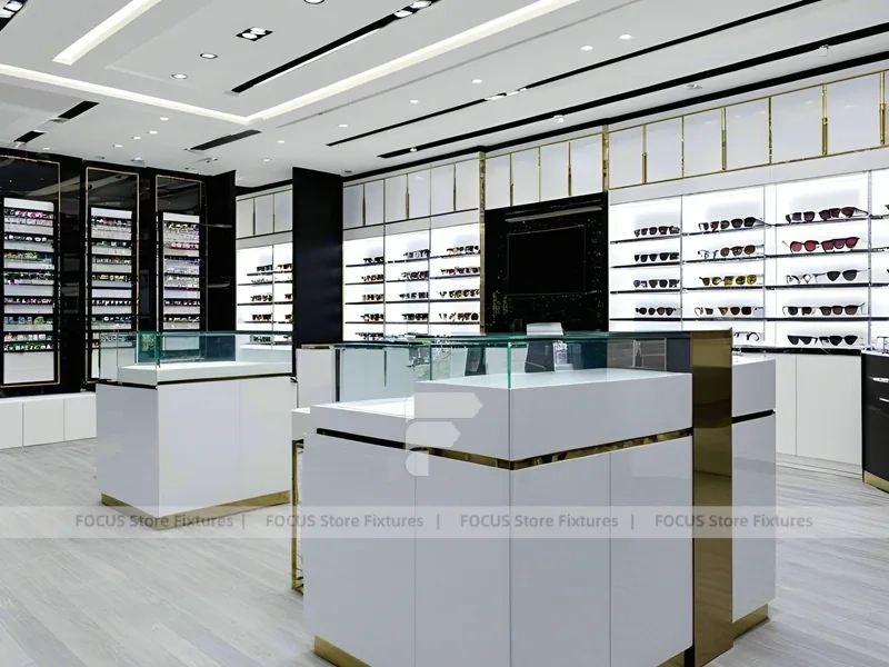 Refined White Optical Wall Display with Open Consultation Zone