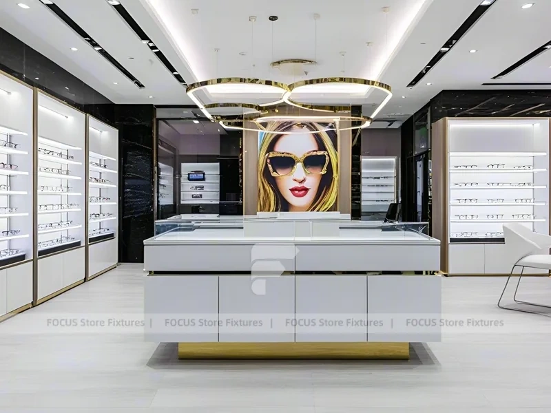 Refined White Optical Wall Display with Open Consultation Zone