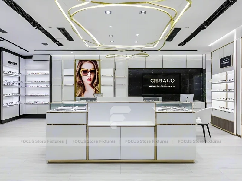 Refined White Optical Wall Display with Open Consultation Zone