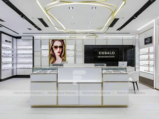 Refined White Optical Wall Display with Open Consultation Zone