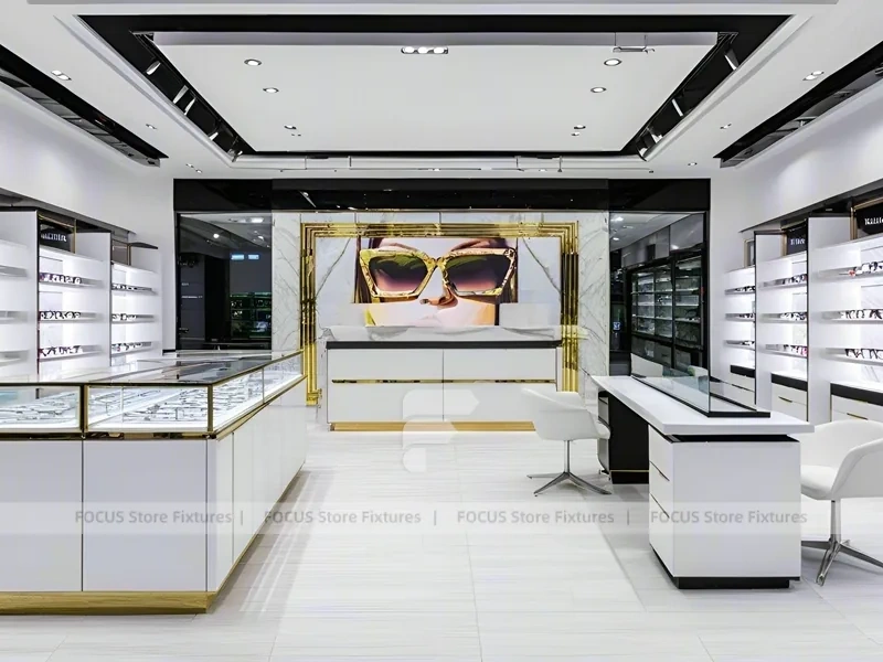 Refined White Optical Wall Display with Open Consultation Zone