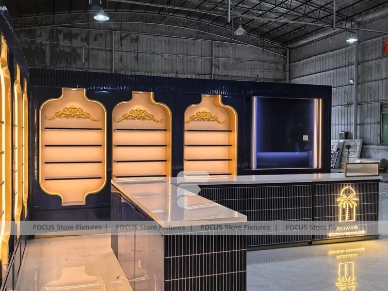 Royal Blue Arched Perfume Display Wall
