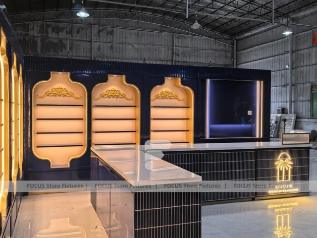 Royal Blue Arched Perfume Display Wall