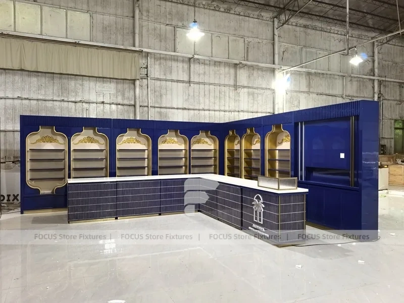 Royal Blue Arched Perfume Display Wall