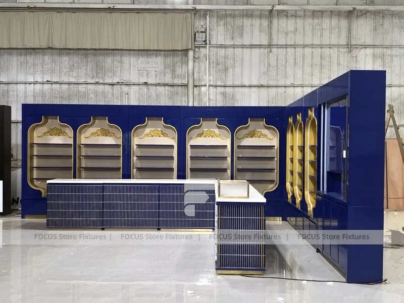 Royal Blue Arched Perfume Display Wall