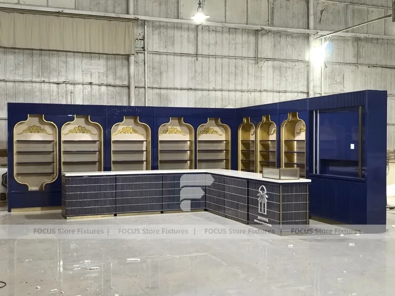 Royal Blue Arched Perfume Display Wall