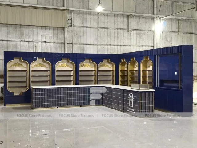 Royal Blue Arched Perfume Display Wall