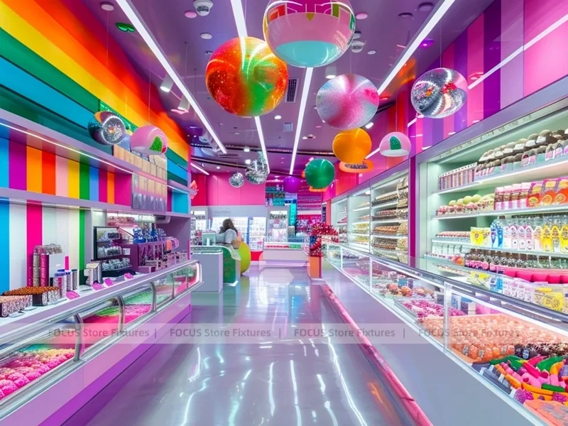 Sky Candy Candy Shop Interior with Flowing Ceiling Ribbons
