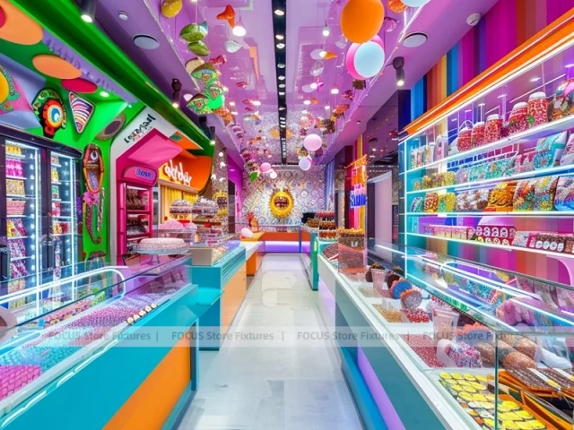 Sky Candy Candy Shop Interior with Flowing Ceiling Ribbons