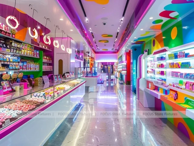 Sky Candy Candy Shop Interior with Flowing Ceiling Ribbons