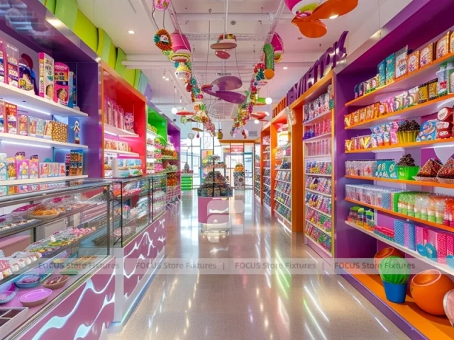 Sky Candy Candy Shop Interior with Flowing Ceiling Ribbons
