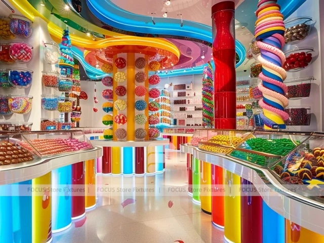 Sky Candy Confectionery Experience Shop with Ribbon Ceiling Display