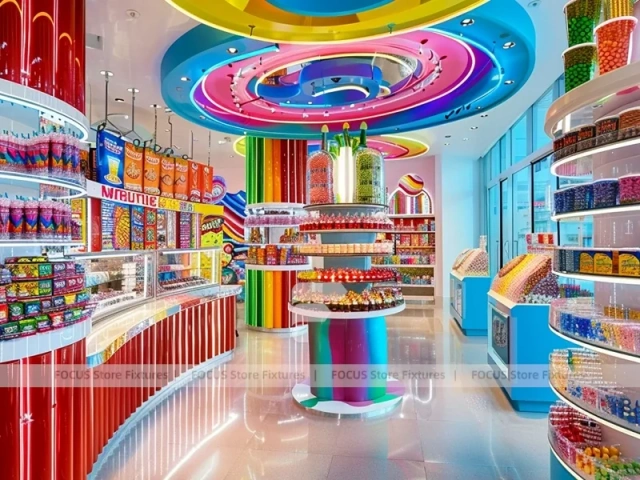 Sky Candy Confectionery Experience Shop with Ribbon Ceiling Display