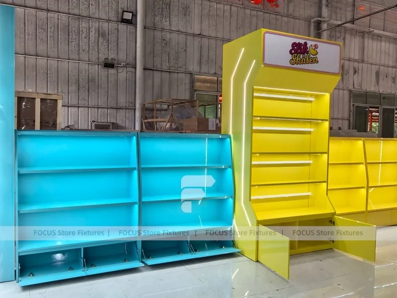 Soft Yellow Confectionery Display Cabinet with Freestanding Modular Bays