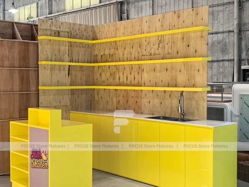 Soft Yellow Confectionery Display Cabinet with Freestanding Modular Bays