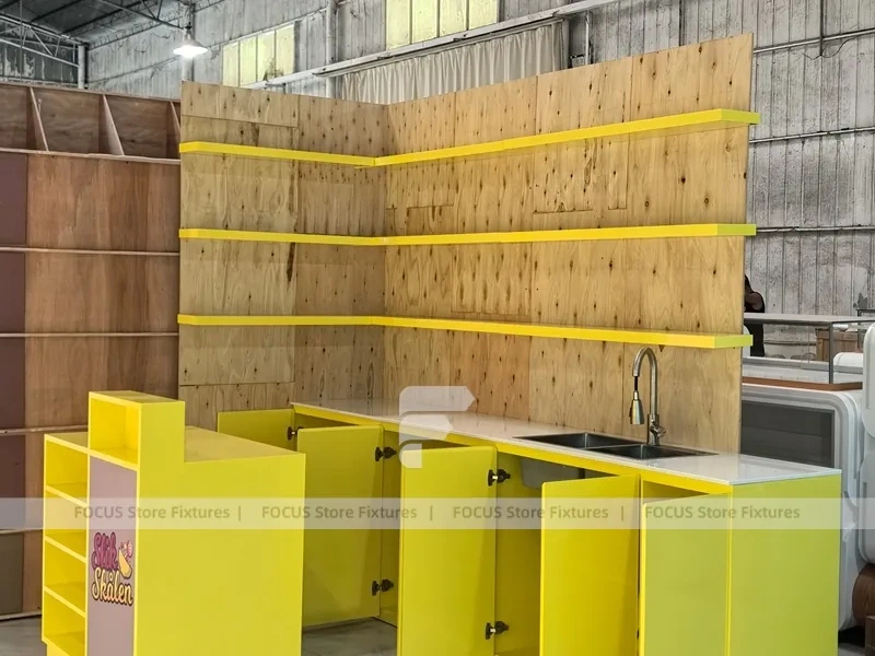 Soft Yellow Confectionery Display Cabinet with Freestanding Modular Bays