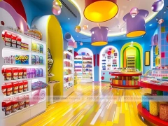 Sunny Candy Confectionery Display Store with Playful Ceiling Discs