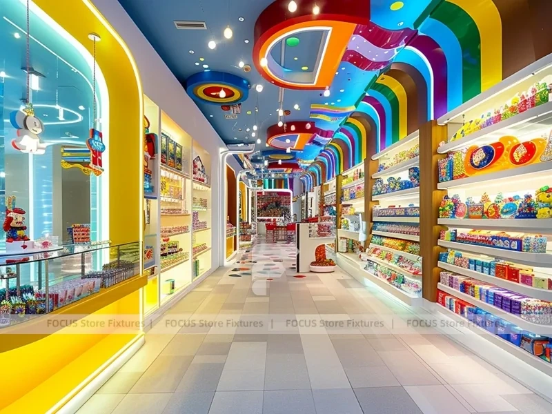 Sunny Candy Confectionery Display Store with Playful Ceiling Discs