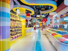 Sunny Candy Confectionery Display Store with Playful Ceiling Discs