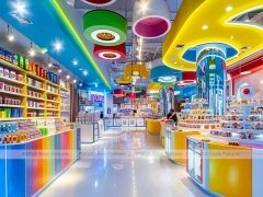 Sunny Candy Confectionery Display Store with Playful Ceiling Discs