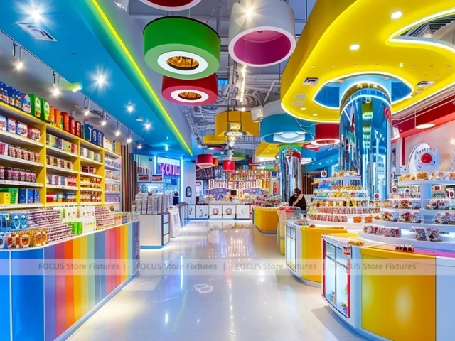 Sunny Candy Confectionery Display Store with Playful Ceiling Discs