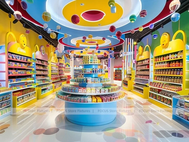 Sunny Candy Confectionery Display Store with Playful Ceiling Discs