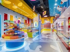 Sunny Candy Confectionery Display Store with Playful Ceiling Discs