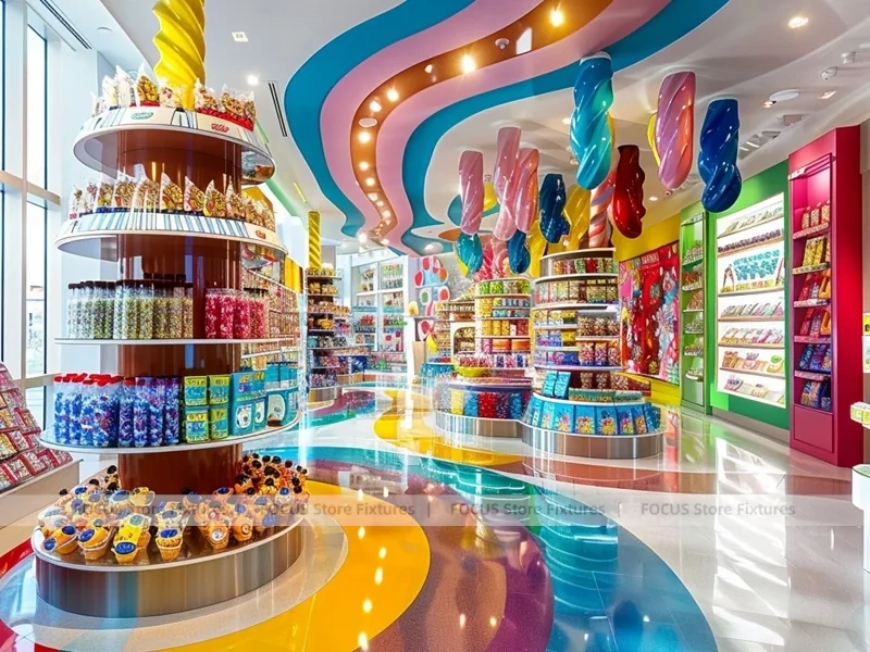 Sweet Galaxy Candy Experience Layout with Island Tasting Displays