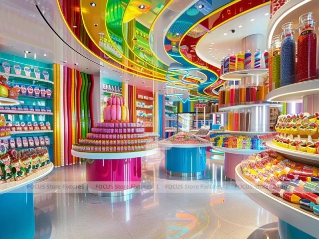 Sweet Galaxy Candy Experience Layout with Island Tasting Displays