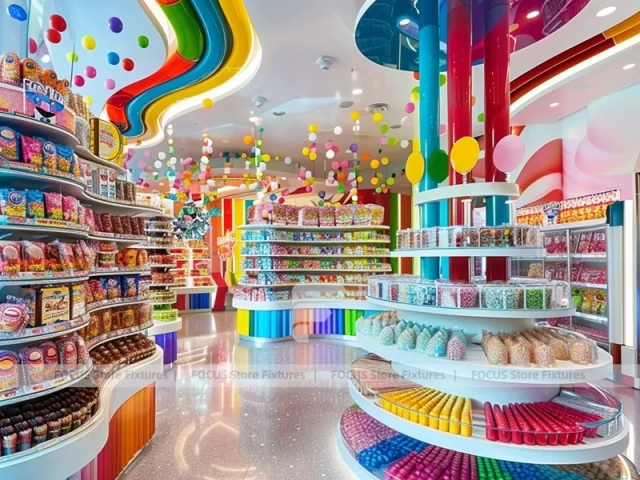 Sweet Galaxy Candy Experience Layout with Island Tasting Displays