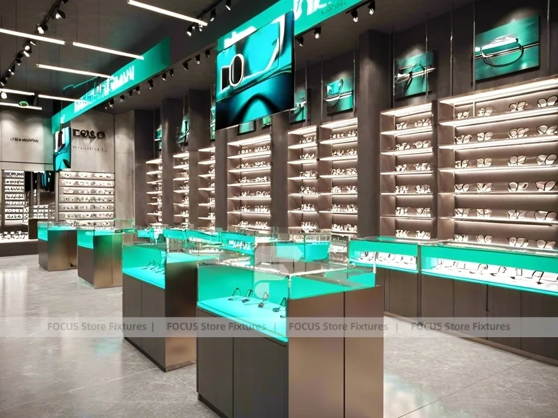 Teal Accent Optical Feature Boutique with Lightbox Wall Display