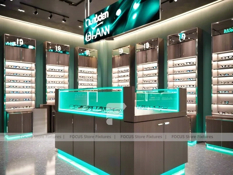 Teal Accent Optical Feature Boutique with Lightbox Wall Display