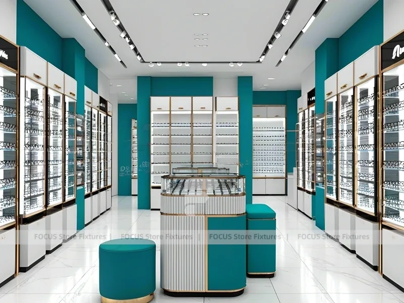 Teal Accent Optical Retail Interior with Rounded Ottoman Seating