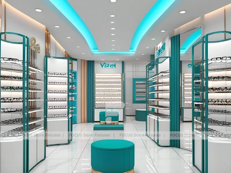Teal Accent Optical Retail Interior with Rounded Ottoman Seating