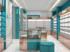 Teal Accent Optical Retail Interior with Rounded Ottoman Seating