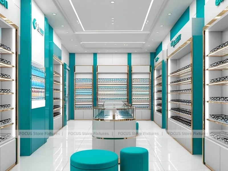 Teal Accent Optical Retail Interior with Rounded Ottoman Seating