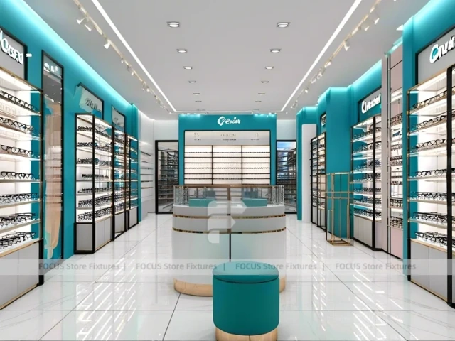 Teal Accent Optical Retail Interior with Rounded Ottoman Seating