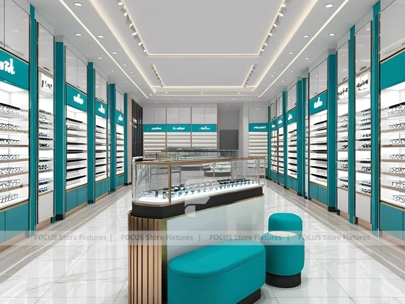 Turquoise Accent Eyewear Clinic Display with Bright Consultation Island