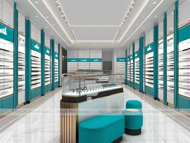 Turquoise Accent Eyewear Clinic Display with Bright Consultation Island