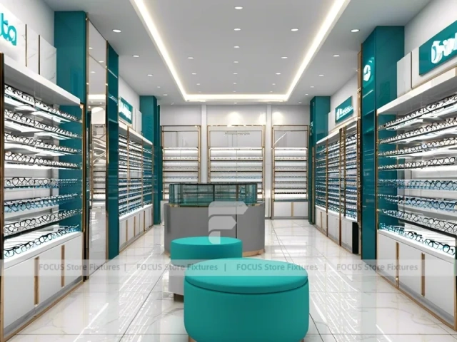 Turquoise Accent Eyewear Clinic Display with Bright Consultation Island